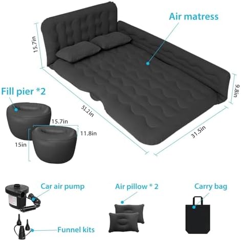 ISWEES Car Bed SUV Air Mattress, Car Air Mattress with Electric Pump, 2 Inflatable Pillows and 2 Footrests for Back Seat, Side Seat,Trunk Sleeping, Thickened Camping Bed - Black