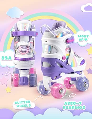 SULIFEEL Rainbow Unicorn 4 Size Adjustable Light up Roller Skates for Girls Boys for Kids