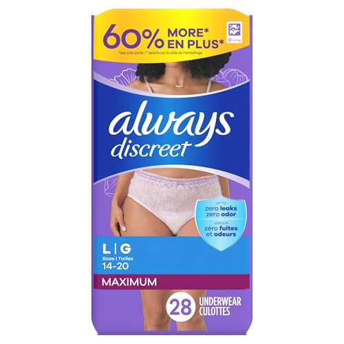 Always Discreet Adult Incontinence Underwear for Women and Postpartum Underwear, Large, Up to 100% Bladder Leak Protection, 28 Count