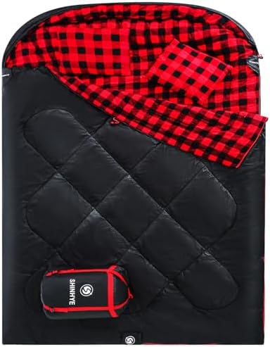 ShinHye Double Sleeping Bag for Adults with 2 Pillows, Camping Sleeping Bags Flannel Cotton 2 Person Sleeping Bags XXL Queen Size Sleeping Bag for Cold Weather