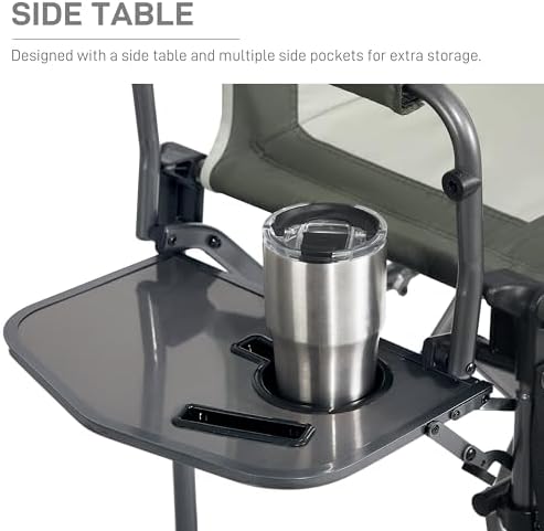 EVER ADVANCED Portable 30.7" Seat Height Tall Folding Camping Chair Directors Chair High Foldable Bar Stool with Side Table for Makeup Artist, Sports Event, Craft Show, Supports 350LBS Green Grey