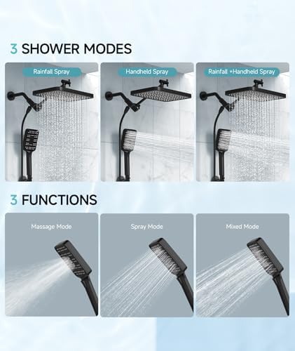 High Pressure Rain Shower Head with Handheld Spray Combo Set, Adjustable 12" Rainfall Dual Shower Head, Double&Tandem Shower Head, Waterfall Showerhead Bathroom -Matte Black