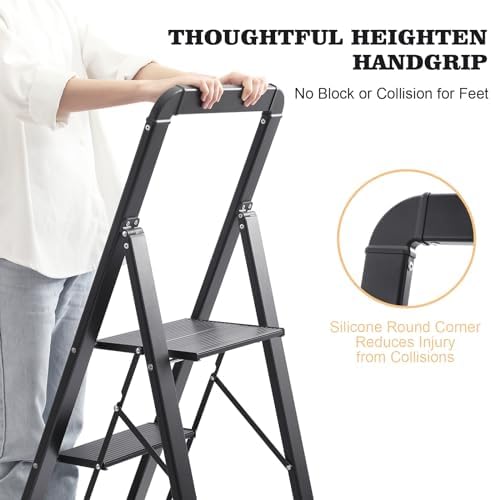 KINGRACK Aluminium 4 Step Ladder, Lightweight Step Stool with Non-Slip Pedals, Handrail, Foldable Step Ladder for Kitchen, Garage, Home, Space Saving, Sturdy and Portable, Black