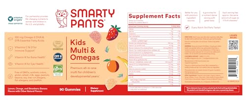 SmartyPants Kids Multivitamin Gummies: Omega 3 Fish Oil (EPA/DHA), Vitamin D3, C, Vitamin B12, B6, A, K & Zinc for Immune Support, Biotin, Gluten Free, Three Fruit Flavors, 90 Count (22 Day Supply)