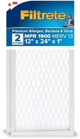 Filtrete 12x24x1 AC Furnace Air Filter, MERV 13, MPR 1900, Premium Allergen, Bacteria & Virus Filter, 3-Month Pleated 1-Inch Electrostatic Air Cleaning Filter, 2-Pack (Actual Size 11.69x23.69x0.78 in)
