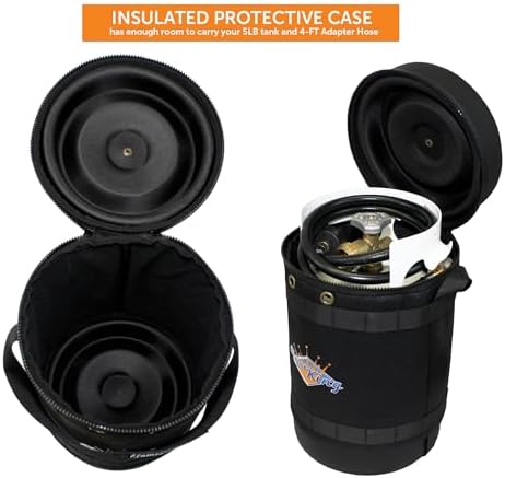 Flame King Gas Hauler Kit - Insulated Protective Carry Case, 5LB Propane Tank and Adapter Hose for Camping and Outdoor Adventures, Black/White