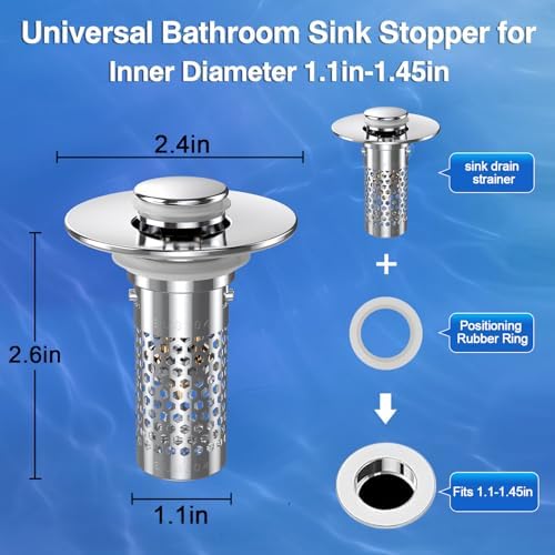 Bathroom Sink Stopper Hair Catcher, Pop-up Sink Drain Strainer with Removable Stainless Steel Strainer Basket Hair Catcher, Bathroom Sink Strainer for Bathroom Sink Stopper Replacement.(New-2PCS)