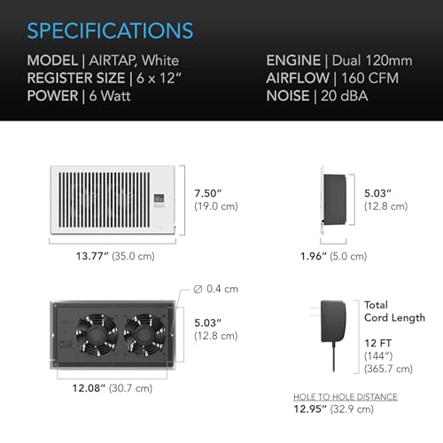 AC Infinity AIRTAP T6 White, Register Booster Fan for 6” x 12” Register Holes, Improves Heating & Cooling Vents, Quiet 10-Speeds