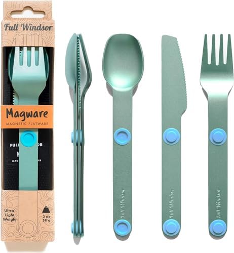 FULL WINDSOR – MAGWARE- Magnetic Camping Cutlery Set- Travel Silverware with case, Kids Lunch Box Set, Outdoor Flatware Utensils, Portable Repurposable Essentials Knife, Fork & Spoon- Turquoise (3PCS)