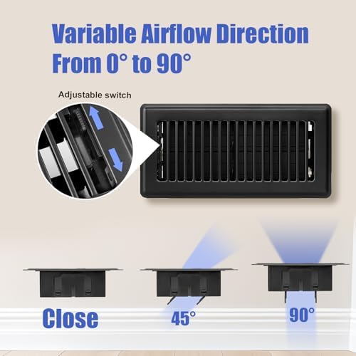 Floor Register 4x10, Floor Vent Covers for Home Floor, Sidewall, Heavy Duty Steel Walkable Floor Grates, Adjustable Air Vent Covers Rust Proof Finish, 4" x 10'' Floor Vent, 6 Pack, Black