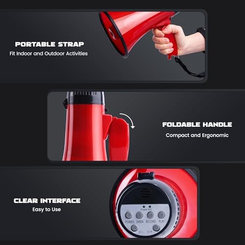MyMealivos Portable Megaphone Bullhorn 20 Watt Power Megaphone Speaker Voice and Siren/Alarm Modes with Volume Control and Strap (Red)