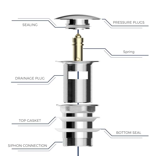 VANCOCO Drain Set Washbasin with Overflow (chrome), Washbasin Drain with Replacement Seal, Push Open Drain Valve, Brass