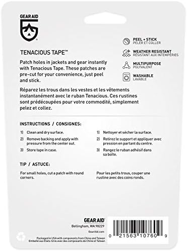 GEAR AID Tenacious Tape Mini Patches with Peel-and-Stick Adhesive Repairs Holes and Tears in Winter Gear, Down Puffer Jackets, Sleeping Bags, Tents and Rain Gear