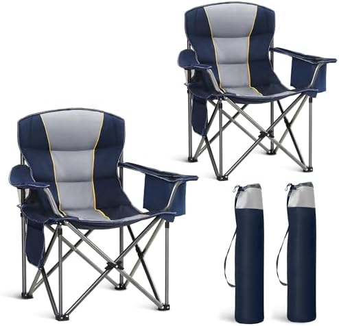 Oversized Portable Camping Folding Chair, Heavy Duty Foldable Outdoor Chair, Camp Chair with Cup Holder and Cooler Bag for Camp, Travel, Support 450 LBS, 2 Pack(Blue)…