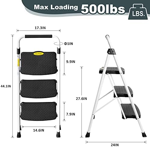 SocTone 3 Step Ladder, Folding Step Stool for Adults with Handle, Lightweight, Perfect for Kitchen& Household, 500lbs Capacity Sturdy Steel Ladder White