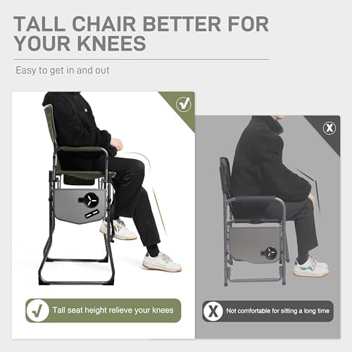 EVER ADVANCED Portable 30.7" Seat Height Tall Folding Camping Chair Directors Chair High Foldable Bar Stool with Side Table for Makeup Artist, Sports Event, Craft Show, Supports 350LBS Green Grey