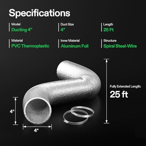 VIVOSUN 4 Inch 25 Feet Flex Air Aluminum Duct for Ventilation, 2 Clamps Included, Long Heavy-Duty Multi-Layer Dryer Hose Vent Kit, Duct Fan Systems