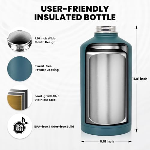 One Gallon Water Bottle Insulated, Triple Walled Vacuum Stainless Steel (Cold for 48 Hrs), Leak Proof & Non-BPA, Large Water Flask Jug with Paracord Handle & Straw Spout Lids