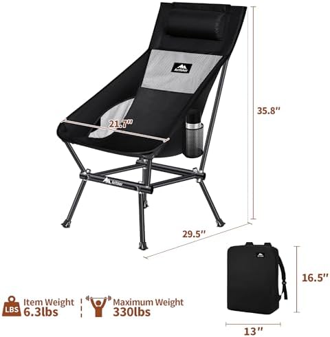 Camping Chair, Compact Backpacking Chair, Portable Folding Chair, Beach Chair with Side Pocket and headrest, Lightweight Hiking Chair 166ZZ-A