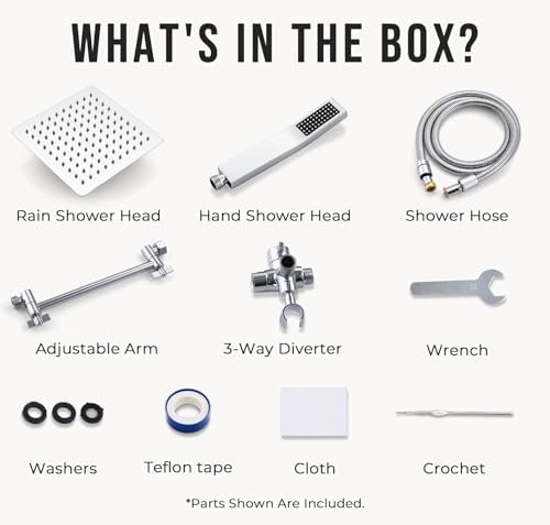 G-Promise All Metal 8 Inch Dual Square Shower Head with Handheld Spray Combo, Rain Shower Head, Adjustable Extension Arm, Smooth 3-Way Diverter, 71 Inch Extra Long Hose - A Bathroom Upgrade (Chrome)