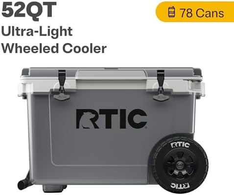 RTIC 52 Quart Ultra-Light Wheeled Hard Cooler Insulated Portable Ice Chest Box for Beach, Drink, Beverage, Camping, Picnic, Fishing, Boat, Barbecue, 30% Lighter Than Rotomolded Coolers