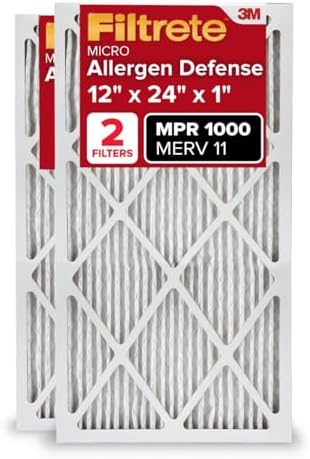 Filtrete 12x24x1 AC Furnace Air Filter, MERV 11, MPR 1000, Micro Allergen Defense, 3-Month Pleated 1-Inch Electrostatic Air Cleaning Filter, 2 Pack (Actual Size 11.719x23.72x0.85 in)