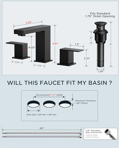 FORIOUS Black Bathroom Faucets 3 Hole, 2 Handle 8 Inch Widespread Bathroom Sink Faucet Matte Black Square for 6-12" Sink Remodel with Pop Up Drain, CUPC Hose and Spare Water Saving Aerator
