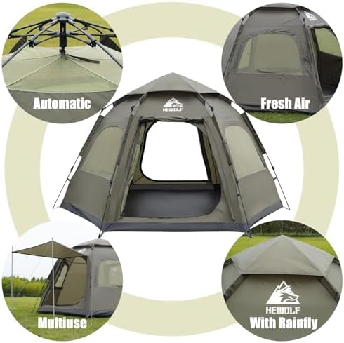 Hewolf 2/3/4 Person Camping Tent - Instant Pop Up Waterproof 2 Doors Tent with Easy Setup | 3-Season Hexagonal Dome Design for Family, Hiking & Traveling