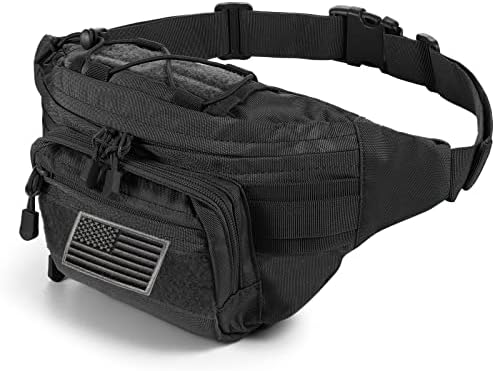 Tactical Fanny Pack Military Waist Bag Pack with USA Flag Patch Utility Hip Pack with Adjustable Strap for Outdoors Fishing Cycling Camping Hiking Dog Walking (Black 2)