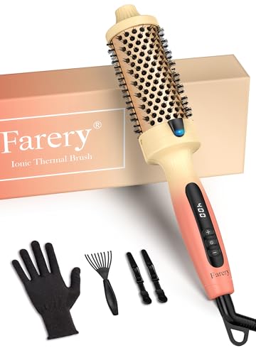 Farery 1.77-Inch Thermal Brush - Ceramic Ionic Heated Round Brush for 90's Full-Bodied Style, Volumizing, Smooth Hair & Natural Curls, Dual MCH Heating, Digital Display, 9 Temperature, Dual Voltage