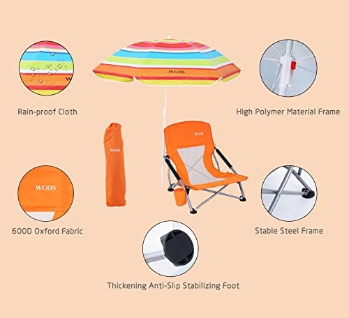 Low Beach Chair for Adults Beach Chair with Umbrella Folding Chair Detachable SPF 50+ Umbrella, Armrests, Cup Holder, Portable Sand Chair (2-Pack Orange)