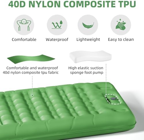 INVOKER 5.12" Camping Sleeping Pad with Built-in Foot Pump, Ultralight Inflatable Camping mat, for Camping, Backpacking, Hiking, Car Travel, Tent, Picnic, Beach, Green