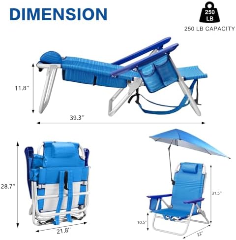 LEMBERI Backpack Beach Chair with Umbrella for Adults,1/2 Pack Folding Heavy Duty Camping Chair with Large Pockets and Cup Holder,Adjustable high Beach Lounge Chairs with Towel Rack (1, Navy Blue)