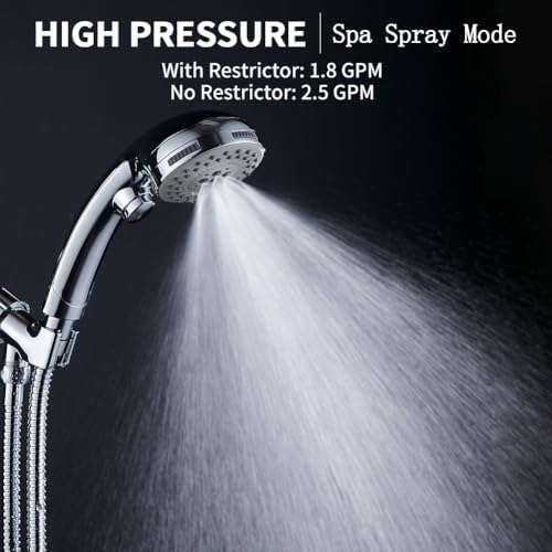 High Pressure 6 Setting Shower Head Hand-Held with ON/OFF Switch and Spa Spray Mode - Hand Held Shower Head with Handheld Spray - Shower Head with Hose - Chrome