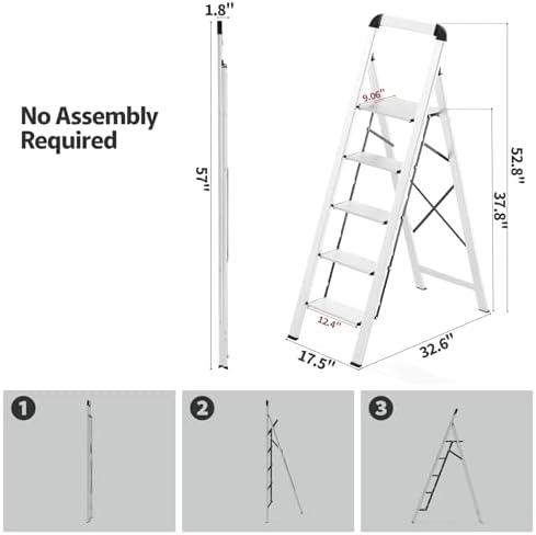 KINGRACK Aluminium 5 Step Ladder, Lightweight Step Stool with Non-Skid Pedals, Handrail, Foldable Step Ladder for Kitchen, Garage, Home, Space Saving, Sturdy and Portable, Silver