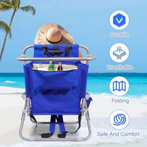 Beach Chair with Backpack Straps, Heavy Duty Backpack Beach Chairs for Adults with 4 Positions, Lay Flat Beach Chair with Large Cooler Pouch, Support to 350LBS