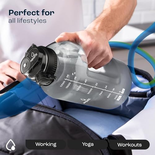 AQUAFIT 64 oz Water Bottle with Time Marker - Straw & Chug Lid - BPA Free Big Water Bottle with Straw - Gym Water Bottle with Handle - Gallon Water Jug (64 Ounces, Gray)