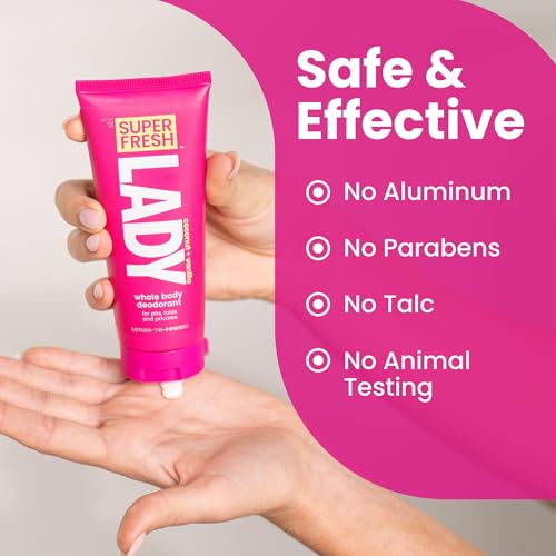 Whole Body Deodorant for Women by Super Fresh Lady Aluminum Free Powder Lotion for Privates and Body Stops Odor and Chafing Coconut Vanilla Scent 4 oz Tubes Twin Pack for Daily Feminine Care
