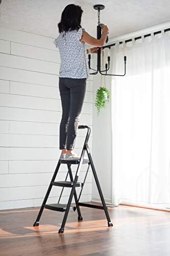 Rubbermaid 3-Step Steel Ladder, Folding Step Stool with Hand Grip and Non-Slip Feet, Black, Tested to ANSI US Safety Standards, No Assembly Required