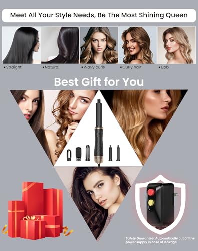 Hair Blow Dryer Styler Set, 5 in 1 Hot Air Brush Auto Wrap Curlers & Straightener & Volumizer Pro Kit, Ionic Technology, 60000RPM High Speed Drying, Round Comb Multi Styler Anion Electric