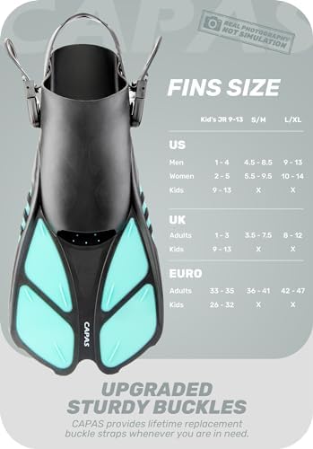 CAPAS Snorkel Fins, Swim Fins Travel Size Short Adjustable for Snorkeling Diving Adult Men Women Kids Open Heel Swimming Flippers