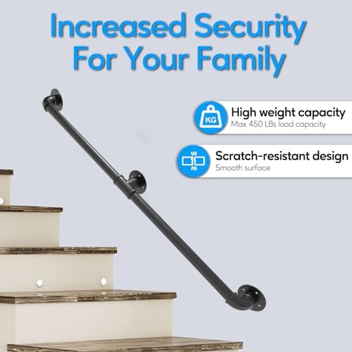 Pipe Stair Handrail, 4 Ft Metal Staircase Handrail, Black Galvanized Industrial Iron Hand Rail for Indoor & Outdoor Wall Mount Support, Wall Hand Railing,Safety Handle, Steps Baluster(HR02)