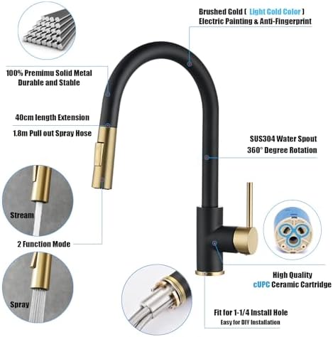 Havin Gold and Black Kitchen Faucet with Pull Down Sprayer, High Arc Stainless Steel Material, with cUPC Ceramic Cartridge,Without Deck Plate,Fit for 1 Hole Kitchen Sink or Laundry Sink