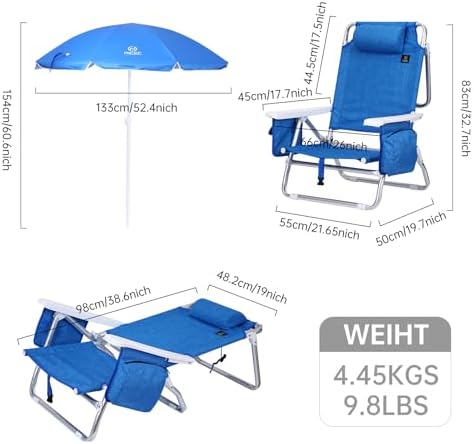 Nice C Blue Backpack Beach Chair with Cooler and Umbrella, Cup Holder for Outdoor, Camping, BBQ, Travel, Picnic