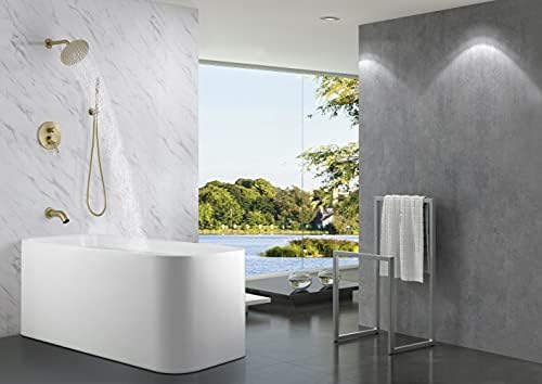 SUMERAIN Shower System with Tub Spout and Handheld Shower, Brass Rain Shower Tub Set with 8 Inches Shower Head and Rough in Valve Brushed Gold