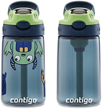 Contigo Aubrey Kids Water Bottle, Cleanable Silicone Straw, Spill-Proof Lid, Dishwasher Safe, 14oz 2-Pack, Blueberry & Monsters Theme