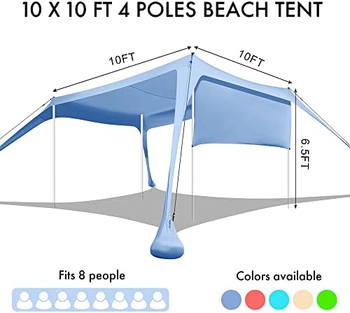 Beach Canopy Tent Shade with Sidewalls 10x10FT, 6.6FT Tall, UPF50+ Sun Shelter, Windproof & Water Resistant, Includes Guylines Sand Shovel Stability Poles, Easy Up for Beach Outdoor Camping Backyard