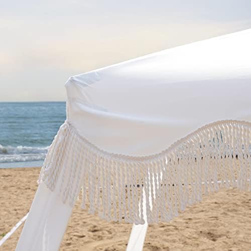 AMMSUN Beach Cabana with Fringe, 6'×6' Boho Beach Canopy with Tassels, Easy Set up & Premium Wood Pole, Cabana Tent with Sand Pockets, Instant Sun Shade for Sand, Garden, Patio, Elegant White