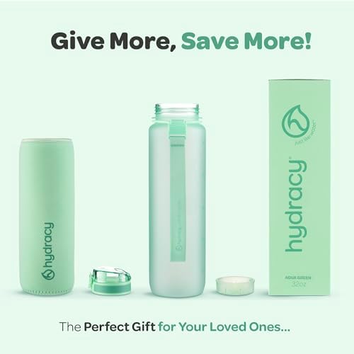 Hydracy Water Bottle with Time Marker -Large BPA Free Water Bottle & No Sweat Sleeve -Leak Proof Gym Bottle with Fruit Infuser Strainer & Times to Drink -Ideal for Fitness Sports & Outdoors