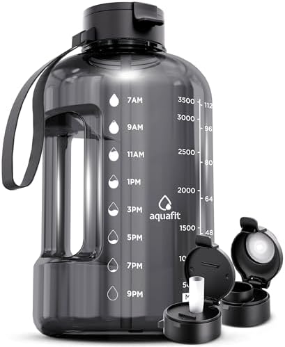 AQUAFIT 1 Gallon Water Bottle with Time Marker - Straw & Chug Lid - BPA Free Big Water Bottle with Straw - Gym Water Bottle with Handle - Gallon Water Jug (128 Ounces, Gray)